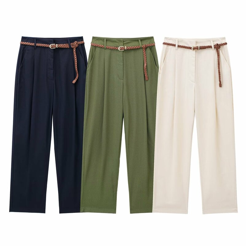 Pantalones rectos de lino mezclados para Mujer, pantalones Retro de cintura alta con cremallera, cinturón tejido, decoración informal, moda elegante, nuevo
