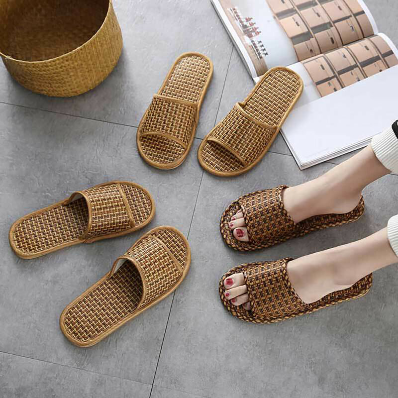 Zapatillas antideslizantes para hombre y mujer, sandalias tejidas de bambú para el hogar, hierba de ratán para interiores, primavera y verano