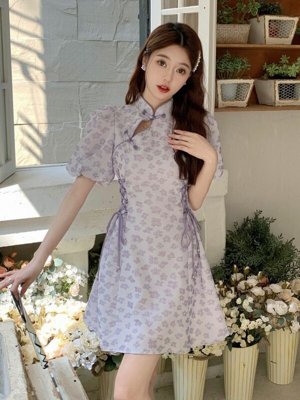 Rok Qipao peningkatan Tiongkok gaun wanita Jacquard manis rok pendek lengan gelembung musim panas anggun harian gaun Qipao