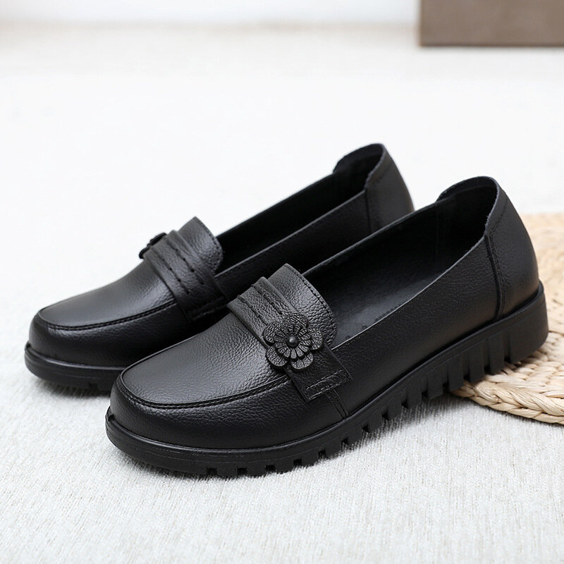 Women Casual Loafer Plain Waterproof Slip-On Driving Moccasins Lug Sole Wearable Wedge Low Heel Fashion Black Office Shoes 42