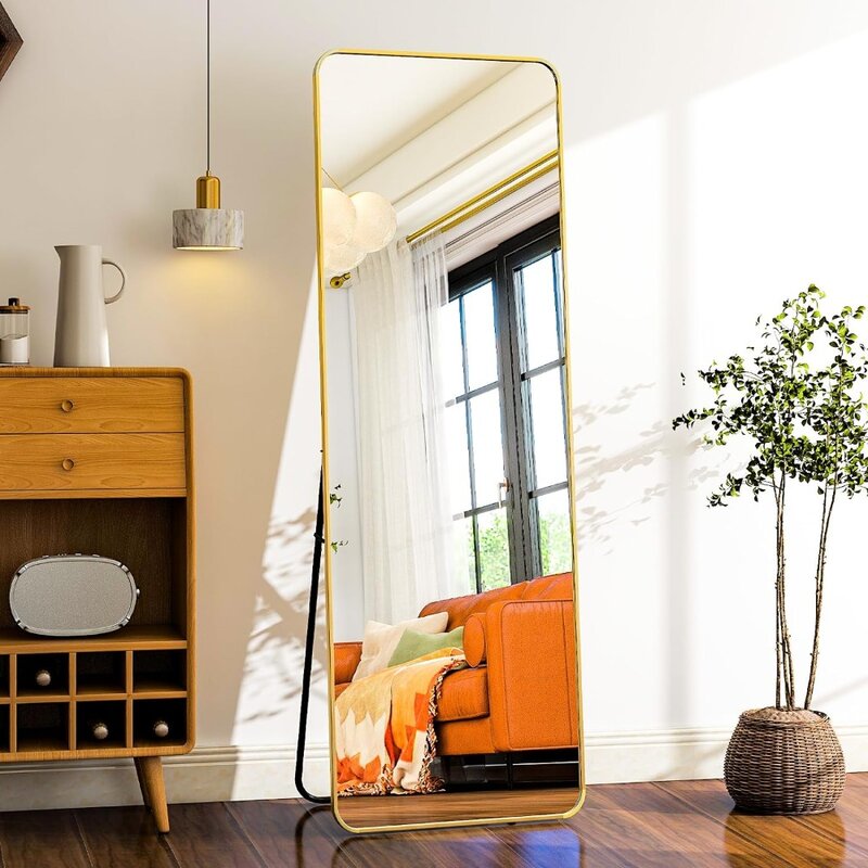 Espejo redondo de longitud completa, marco de aluminio, dorado, sala de estar con soporte para, dormitorio, guardarropa, 59x16