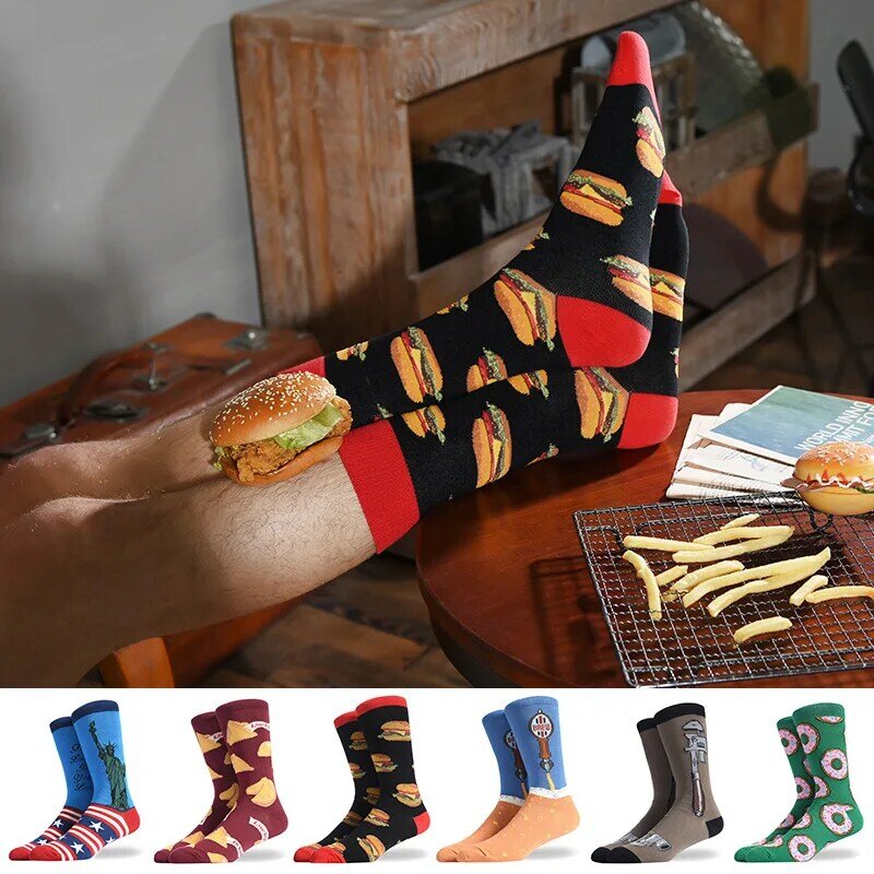 Chaussettes en coton pour hommes, nouvelle collection automne et hiver, chaussettes créatives à motif de burger frites, tendance