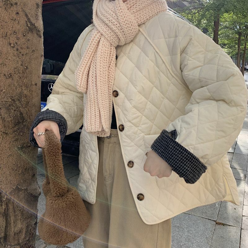 Manteau rembourré en coton sans col pour femme, vêtements légers coréens, design Sle At, losange