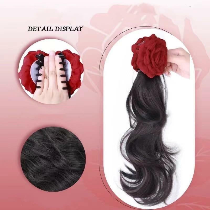 YANKUN Korean Ins Style Pink Rose Rose Flower Long Curly Ponytail Wig for Women Fashion Temperament Hair Accessories
