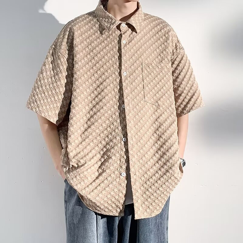Camicia da uomo scozzese a maniche corte estiva moda coreana Waffle top Oversize Y2K camicie giornaliere Vintage nuove camicie di base Streetwear