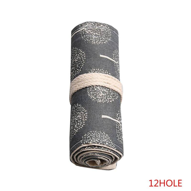 Black White Tree Printed Pattern Roll Up Canvas Paint Brush Case Wrap Pencil Bag Drawing Pen Pouch Storage 12-24 Holes