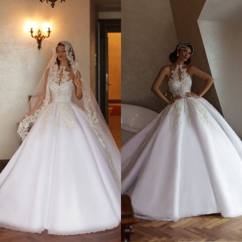 Elegancka suknia balowa suknie ślubne bez rękawów z dekoltem w szpic 3D koronka z falbanami aplikacje z falbanami koraliki suknie ślubne Vestina De Novia