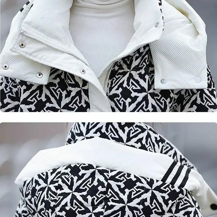 เสื้อแจ็คเก็ตขนเป็ดสีขาวมีฮู้ดของผู้หญิงเสื้อคลุมทันสมัยหนาพิมพ์ลายแบบใหม่สำหรับฤดูหนาว