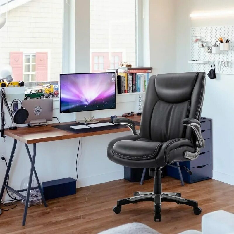 Silla de oficina grande y alta de 400lbs, asiento grueso y ancho con brazos abatibles, respaldo alto para ordenador, ejecutivo, color negro