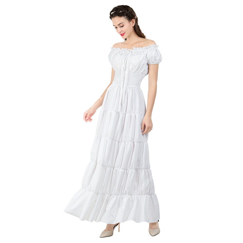 ยุคกลางชุดปิดไหล่ Victorian ไอริชชุดยุโรปเสื้อผ้าผู้หญิงสีขาวเอวยาวชุด