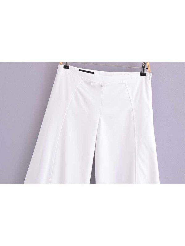 Calça branca larga larga larga feminina, vintage, cintura média, zíper lateral, decoração de alça, nova moda, 2024