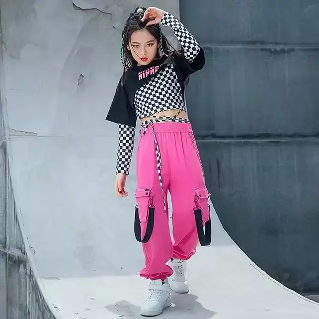 Lattice Tops For Girls Casual Cargo Pants Jazz Performance Rave Wear Street Dance Costume Children Hip Hop Dance Clothes