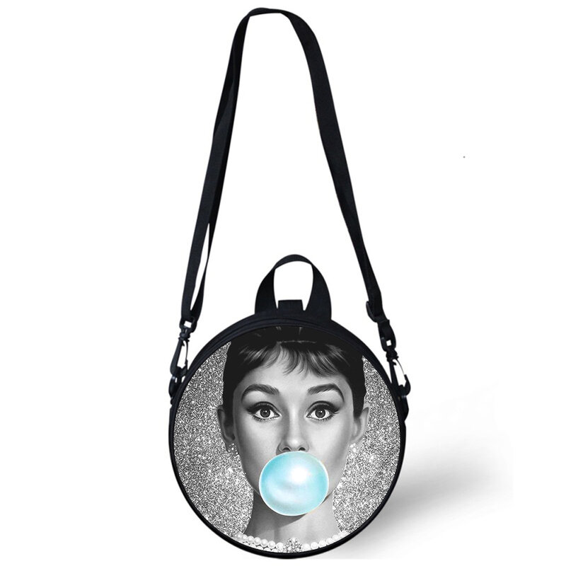 Audrey Hepburn Tas Anak TK Gambar 3D Tas Selempang Bahu untuk Sekolah Wanita Mini Tas Bundar Tas Rugtas