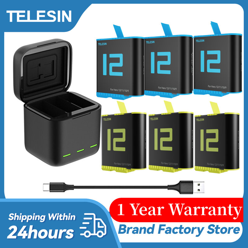 1750 mAh Telesin-bateria para gopro, 3 vias levou carregador de luz, carregador de armazenamento, acessórios da câmera, preto, 12 hero, 12, 11, 10, 9