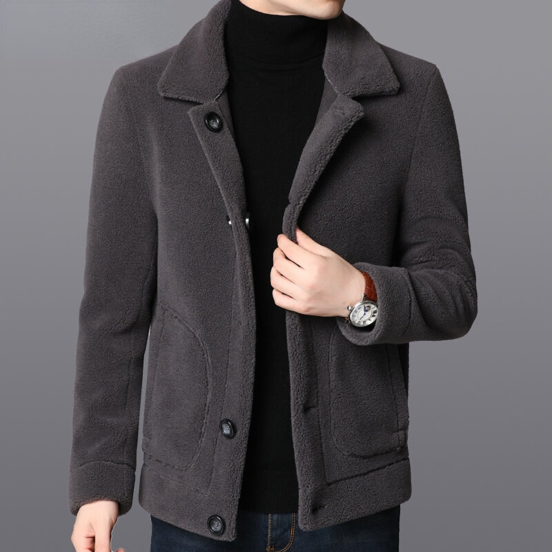2023 autunno inverno nuovo risvolto da uomo vera lana giacche di pelliccia maschile breve pecora tosatura cappotti uomo tinta unita Slim cappotti S143