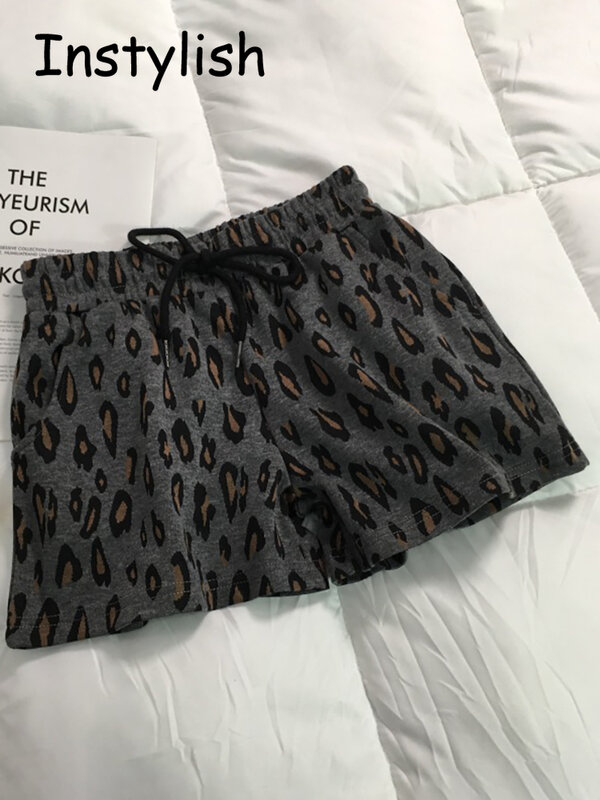 Harajuku leopardo vintage feminino estampa shorts de perna larga, coreano simples elásticos chiques cintura cordão calças curtas soltas, verão, 2022