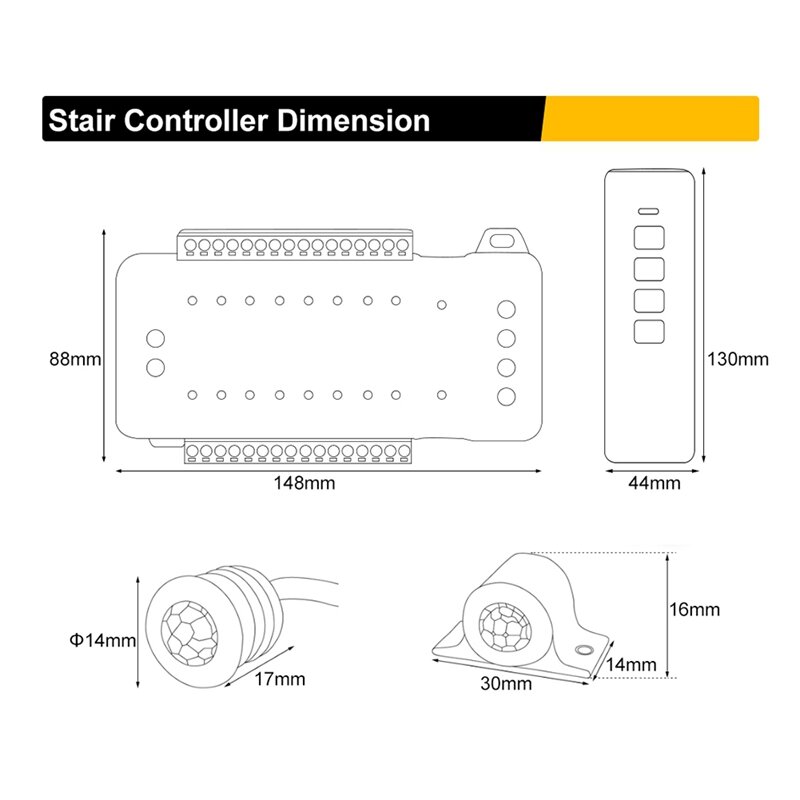 Tangga LED pengendali Sensor gerak DC 12V 24V 16 saluran dalam ruangan PIR lampu malam Dimmer untuk tangga Strip fleksibel