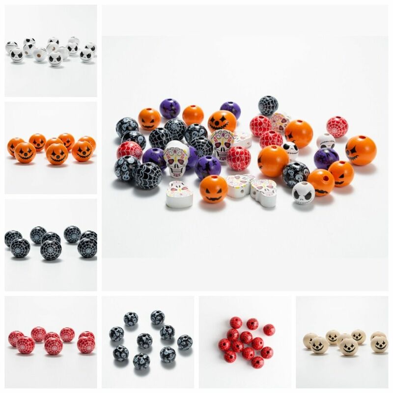 10 buah kepala labu Halloween Ronud manik-manik buatan tangan warna-warni kayu manik-manik tengkorak Halloween Grimace Beads Ronud Beads Grimace
