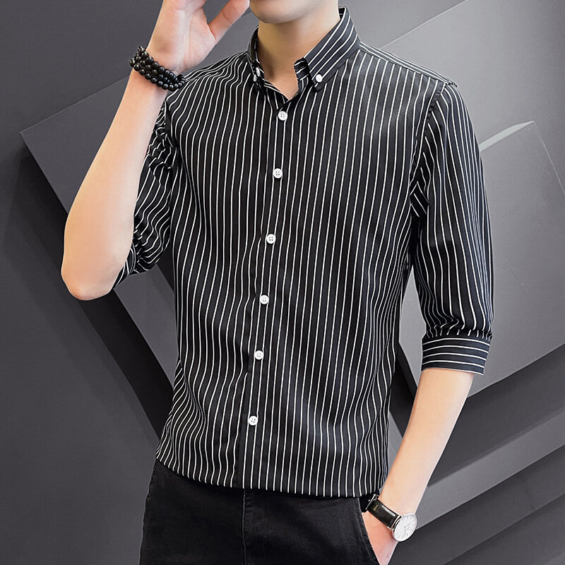 Summer Men's Loose Fit Striped Shirt Fashion Business Casual Top Half Sleeve Workwear Shirt Jacket