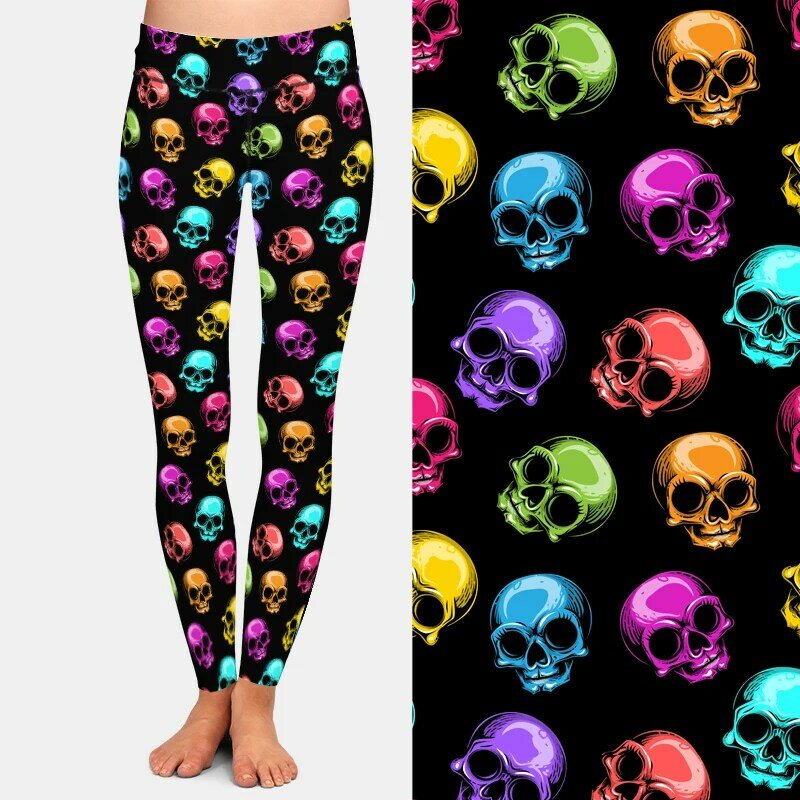 Letsfind nova chegada colorido crânio imprimir mulheres legging moda aptidão magro elástico leggings de cintura alta meninas calças