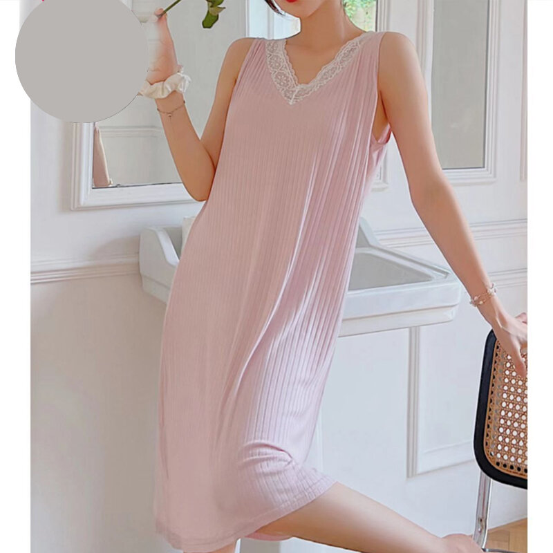 Modal Nightgown Sexy Lace Edge V-Neck Mid Length Nightdress Loose Casual Home Clothes Solid Color Sleepwear Lingeries for Woman