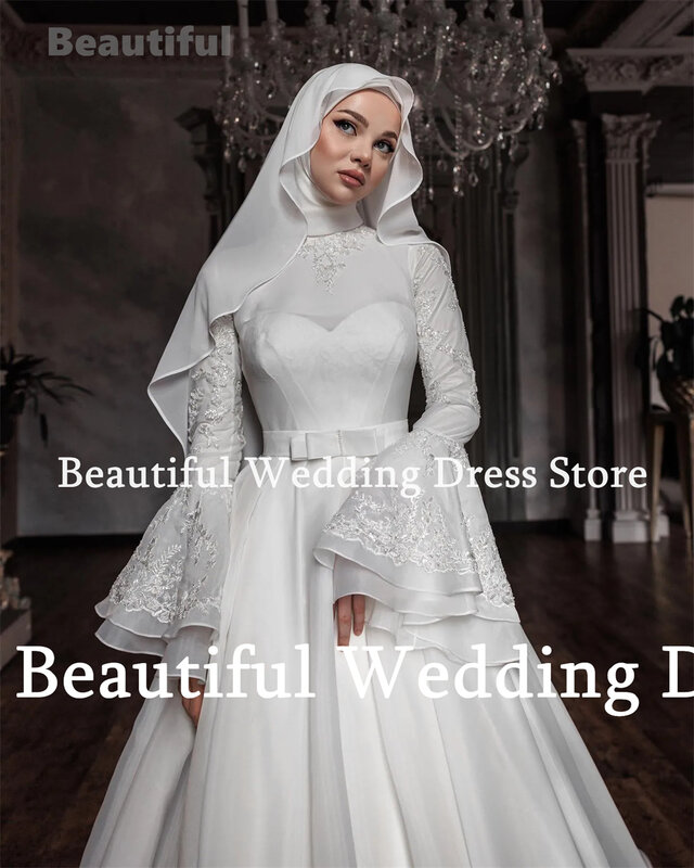 Muslim Luxury Wedding Dress For Women Lace Appliques A-Line Floor-Length Arab Luxury Bridal Gown Wedding Party Dress Vestidos