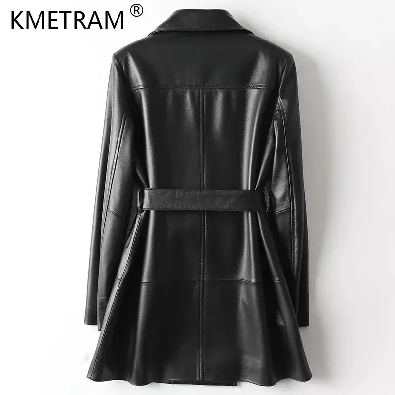 Jaket kulit asli wanita Mode Korea, jaket kulit domba asli model Korea dengan kancing dua baris, mantel kulit elegan setengah panjang, pakaian luar