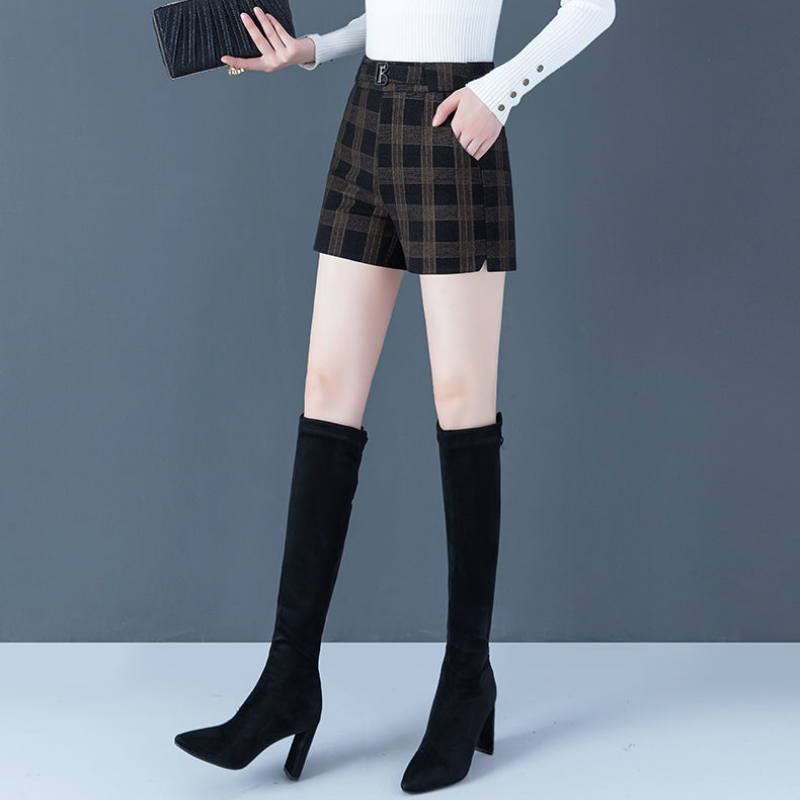 여성 단추 포켓 하이웨이스트 캐주얼 일자바지, 다용도 모직 5 부 반바지, 단색 지퍼, 한국판 패션