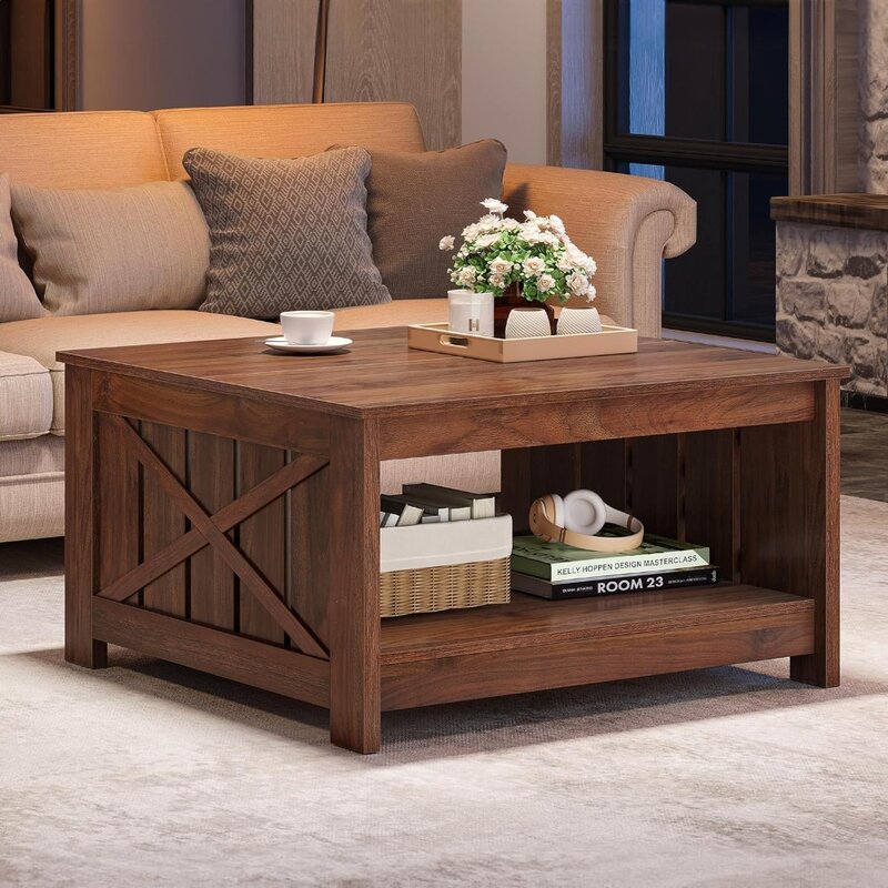 Coffee Table Farmhouse Coffee Table with Storage Rustic Wood Cocktail Table,Square Coffee Table for Living Meeting Room