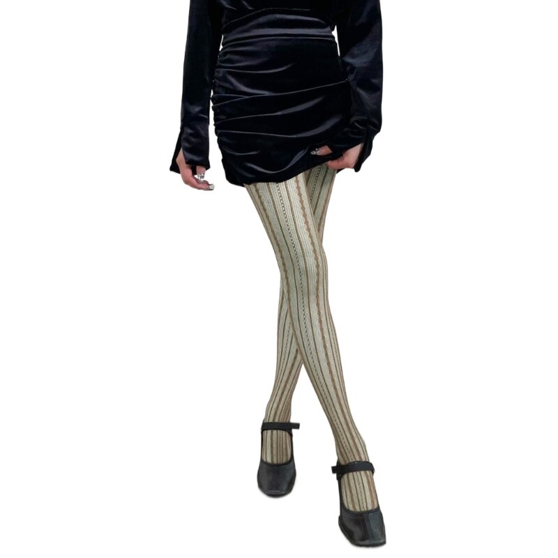 Meia-calça cintura confortável e elegante com padrão listras meia arrastão feminina