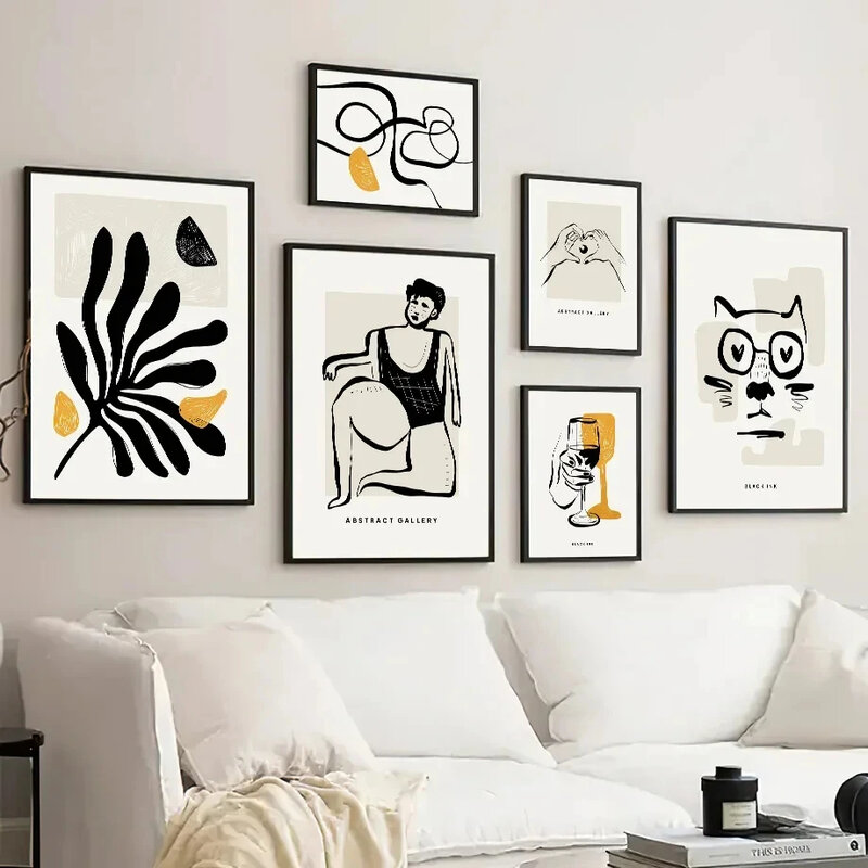 Pintura en lienzo de arte de pared de galería abstracta de hojas de línea de mujer de tinta negra, carteles nórdicos e impresiones, imagen de pared para decoración de sala de estar