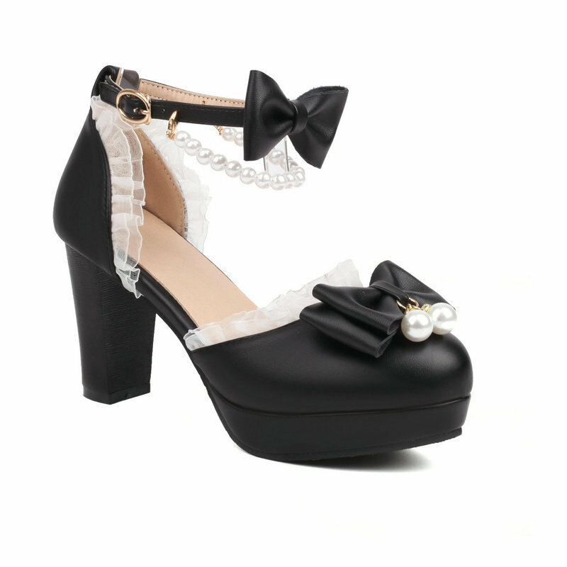 Girls' Leather Shoes Summer 2023 Ladies Heels Cute Bow Lace Princess Mary Jane Lolita Shoes Party High Heels Women Pumps 30-43
