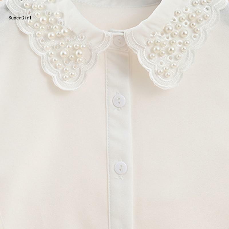Collar falso con cuentas perlas imitación para mujer, media camisa festoneada con bordado Dickey blanco J78E