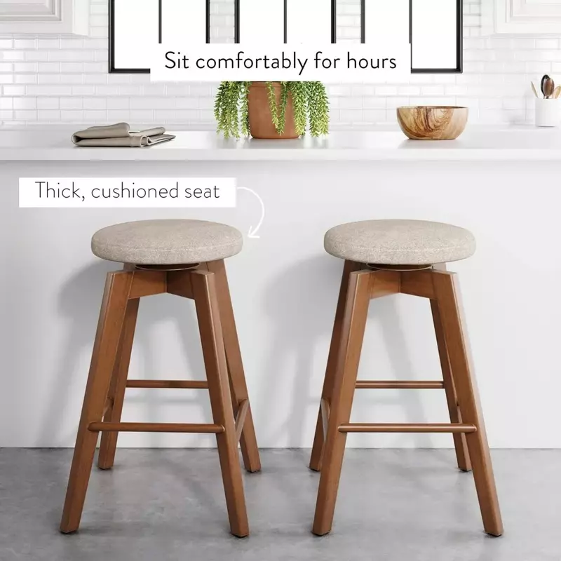 Bar stool backless kitchen countertop height bar stool, solid wood, with 360 degree swivel seat antique coffee/natural wheat
