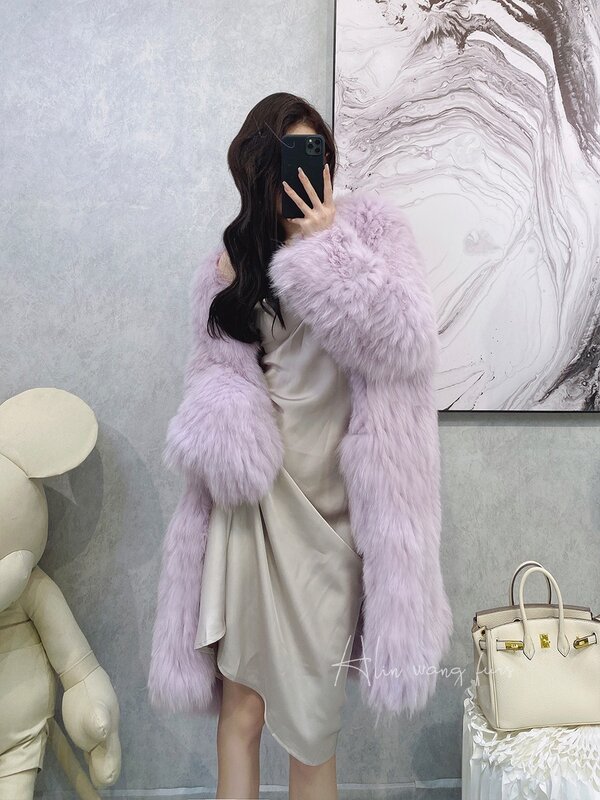 Autumn Winter Elegant Imitation Fox Fur V-neck Mid-Length Imitation Fur Women's Loose Stylish Long Sleeves Mixed Fur Furry Coat