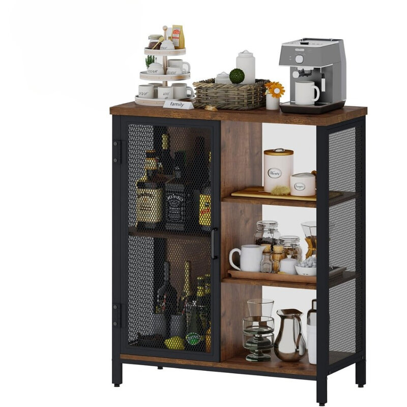 Aparador de barra de café para el hogar, armario de almacenamiento de Metal y madera pequeño con estantes ajustables para Buffet y comedor