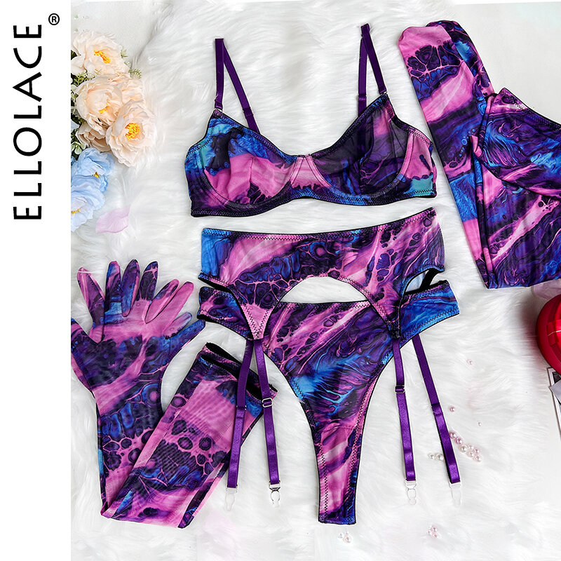 Ellolace Tie Dye Lingerie With Stocking Sleeve Sexy Fancy Underwear 5-Piece Uncensored Intimate See Through Mesh Sensual Outfits