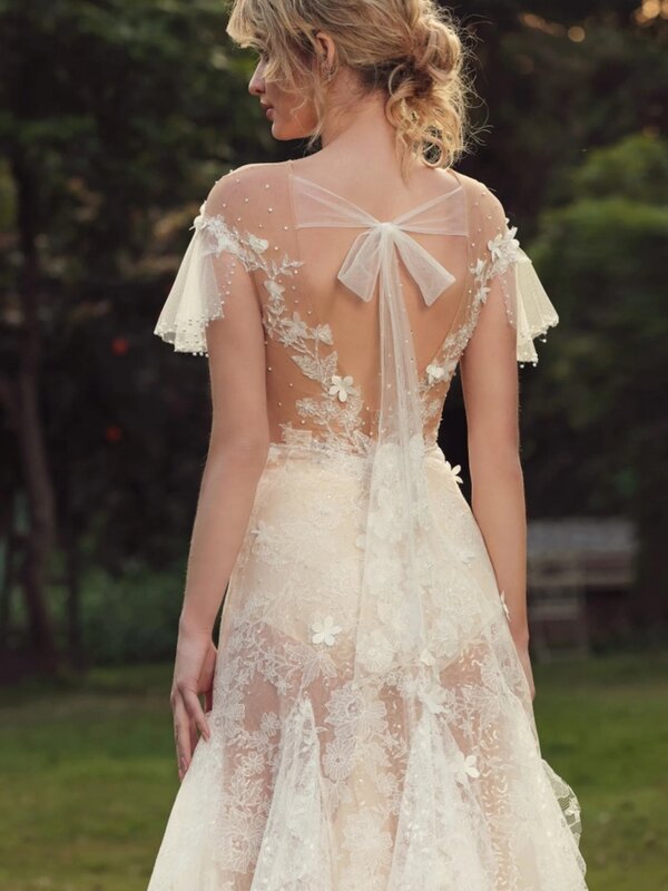 Gaun pernikahan klasik leher-o, gaun pengantin putri duyung bunga 3D payet elegan untuk pengantin wanita panjang selantai