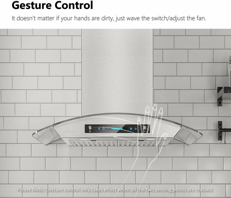 IKTCH-parede de aço inoxidável cozinha chaminé ventilação, vidro temperado, detecção de gestos e toque, 900 CFM, 36"