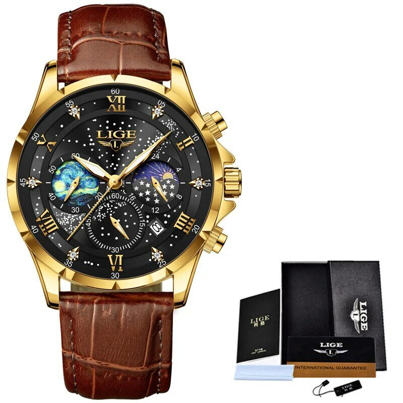 Lige-高級クォーツ時計,男性用レザースポーツウォッチ,ミリタリー腕時計