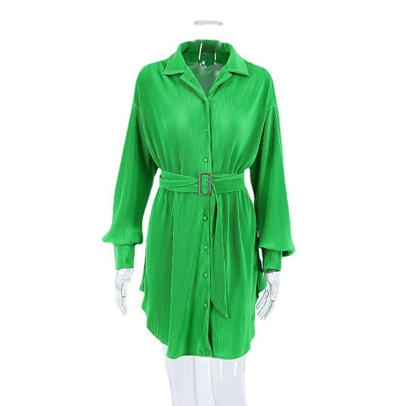 Mini robe verte sexy à manches longues pour femmes, ourlet plissé à lacets, chemise femme, été, fête, club, éducatif, 2022, 21801
