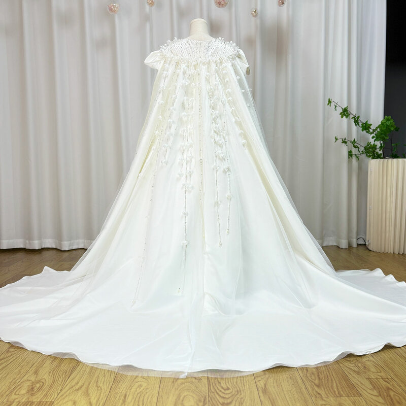 Jill Wish Luxury White Dubai Girl Dress Beaded Pearls Satin Arabic Princess Kids Wedding Birthday Party Long Ball Gown 2024 J153