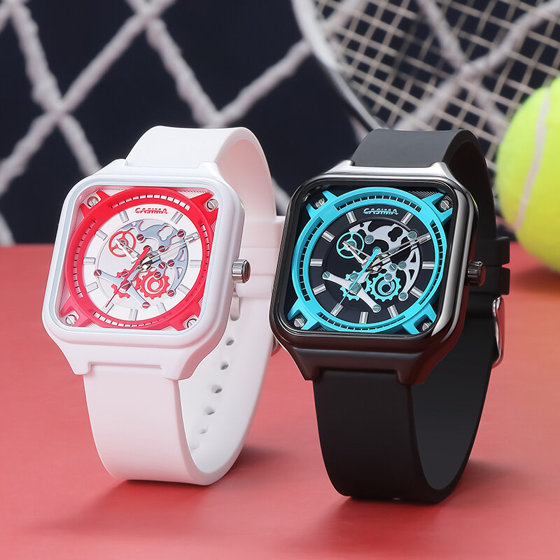 Casual esportes relógios com pulseira de silicone, oco, retângulo Dial, impermeável quartzo relógios de pulso, casal estilo, moda