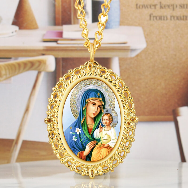 Золотые овальные карманные часы с подвеской женские кварцевые часы Дева Мария фото Мужские Винтажные подарки на цепочке с ожерельем