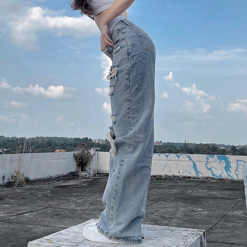 ผู้หญิง Ripped กางเกงยีนส์ Streetwear ตรงกลางกางเกงเอวหลวมกางเกงขากว้างกางเกงยีนส์ Y2K ฤดูร้อน Plus ขนาด High Street Jean