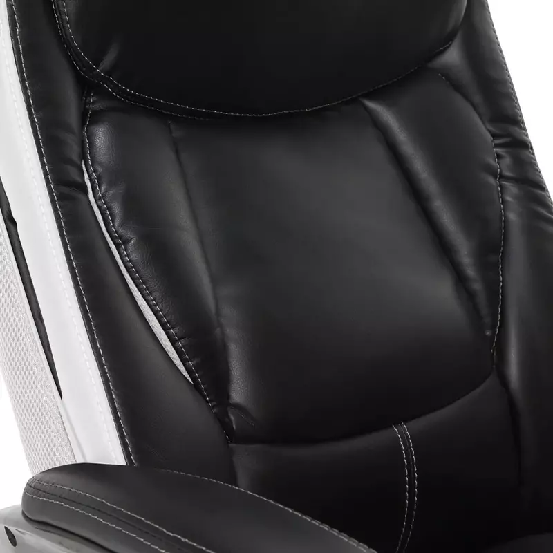 Krzesło biurowe, ergonomiczne krzesło do pracy na komputerze wykonane ze skóry i siatki, wyposażone w wyprofilowany pas i komfortowe cewki, czarno-białe