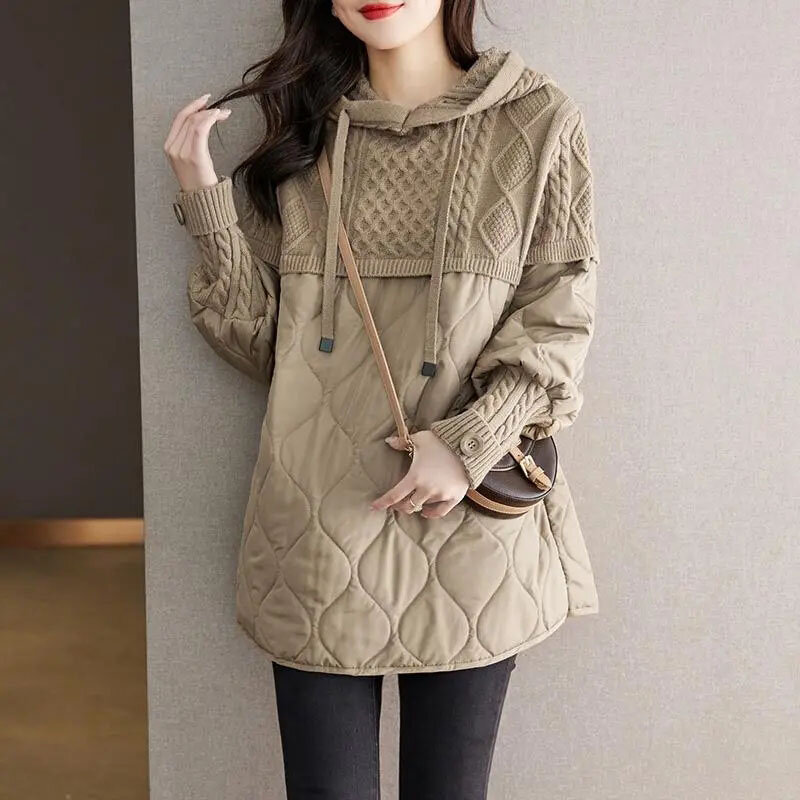 Fashion Down Cotton Jacket Women Knitting Coat Thin Hooded Female Parker Outerwear Knitted Cotton Fake Two Pieces Padded Jackets