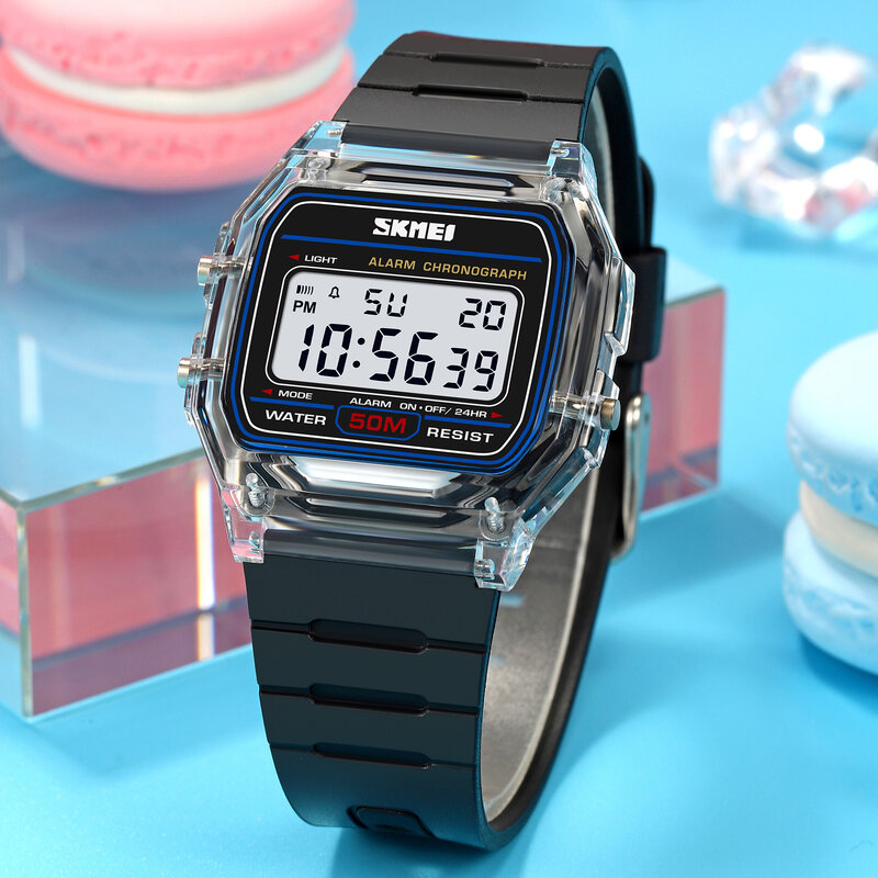 SKMEI-Montre-bracelet numérique antichoc pour femme, affichage de la lumière arrière, chronomètre, transparent, bracelet en TPU, 2056