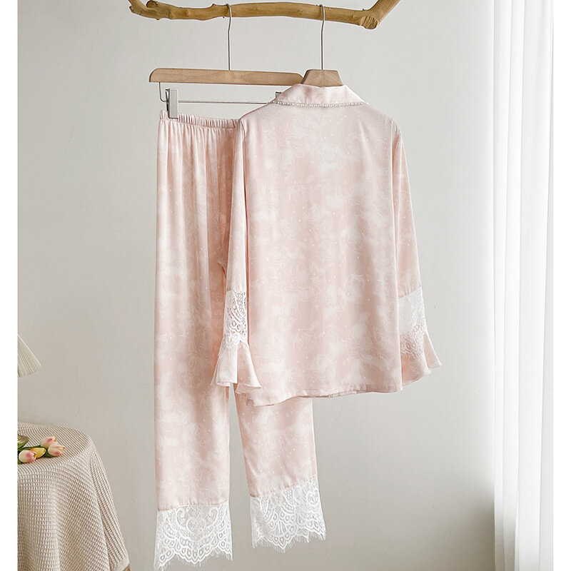 Koronkowa patchworkowa piżama jedwabna satyna koszule z długimi rękawami ubrania domowe Casual drukowana bielizna nocna damska bielizna intymna Loungewear