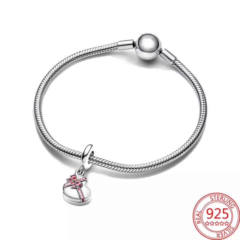 100% 925 Sterling Silver Pink Openable Chocolate Gift Box Fit Pandora Bracelet Women's Jewelry Valentine's Day Gift Making